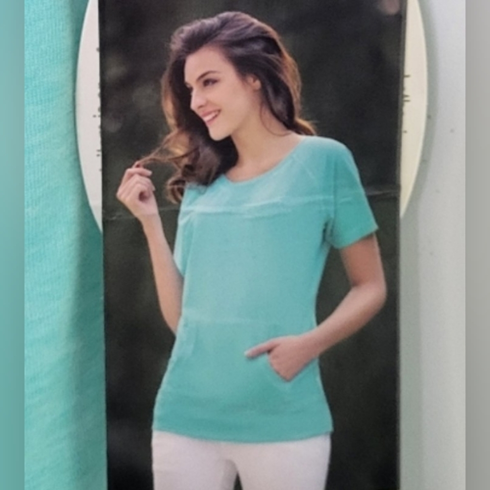 Green Tea Mineral Wash Turquoise Top Womens Medium Pull Over Short Sleev…